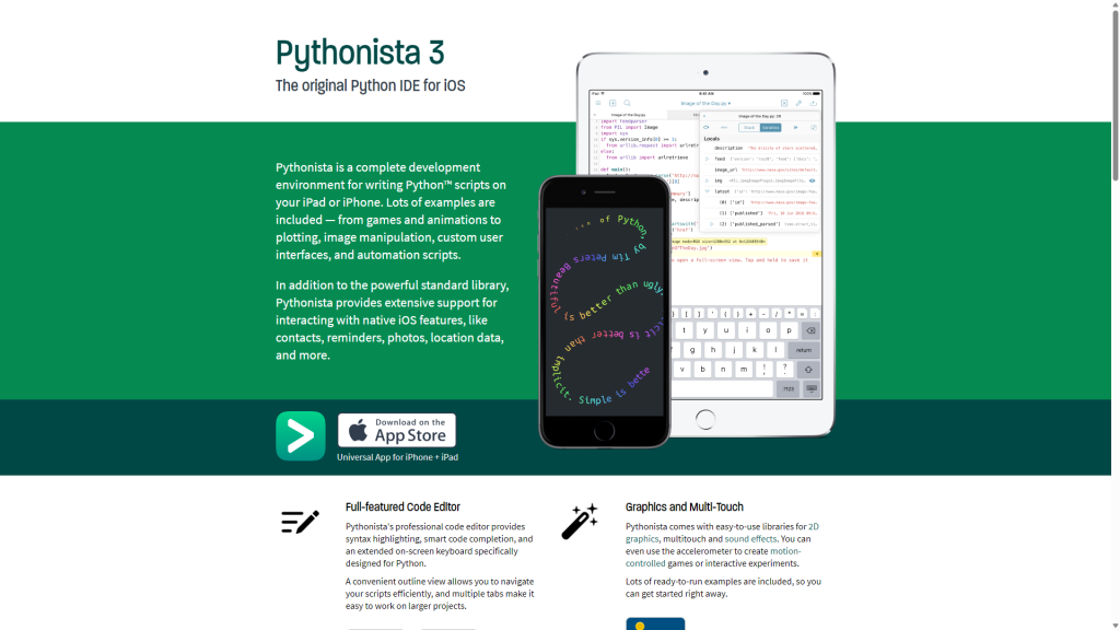 Screen capture of the Pythonista IDE website displaying an iPhone and an iPad on a green and white background.